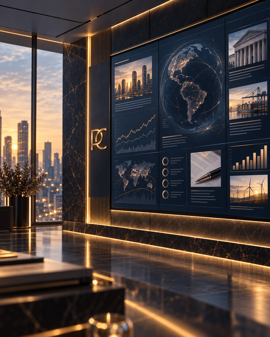 Ambiente executivo com indicadores econômicos e financeiros em análise