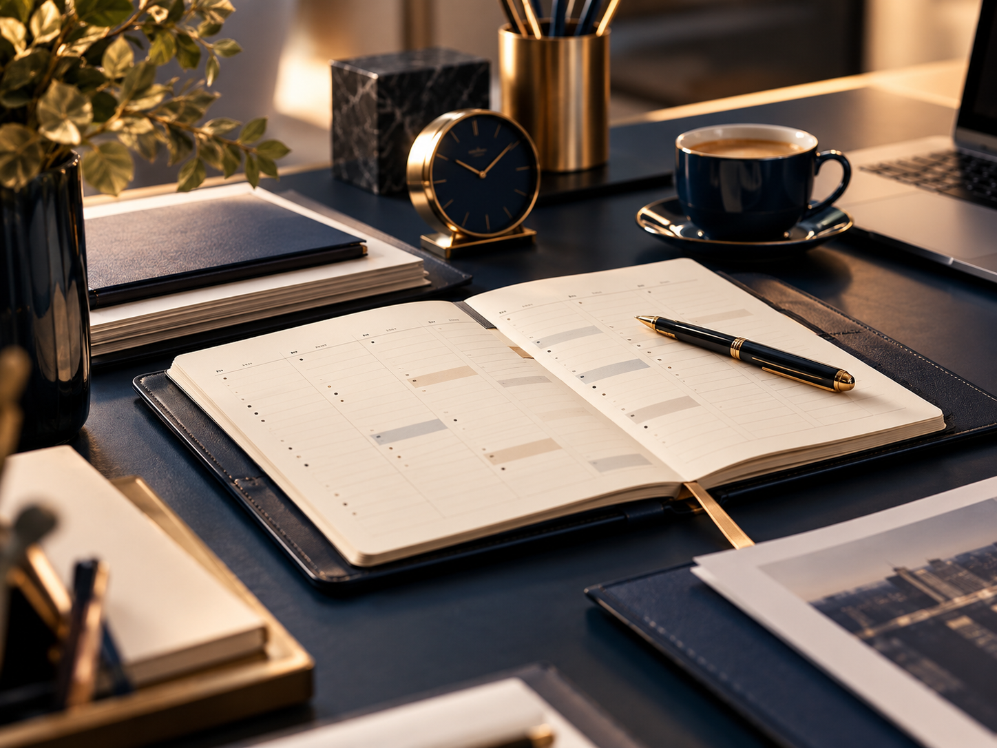 Agenda aberta sobre uma mesa de trabalho com elementos em azul profundo e dourado