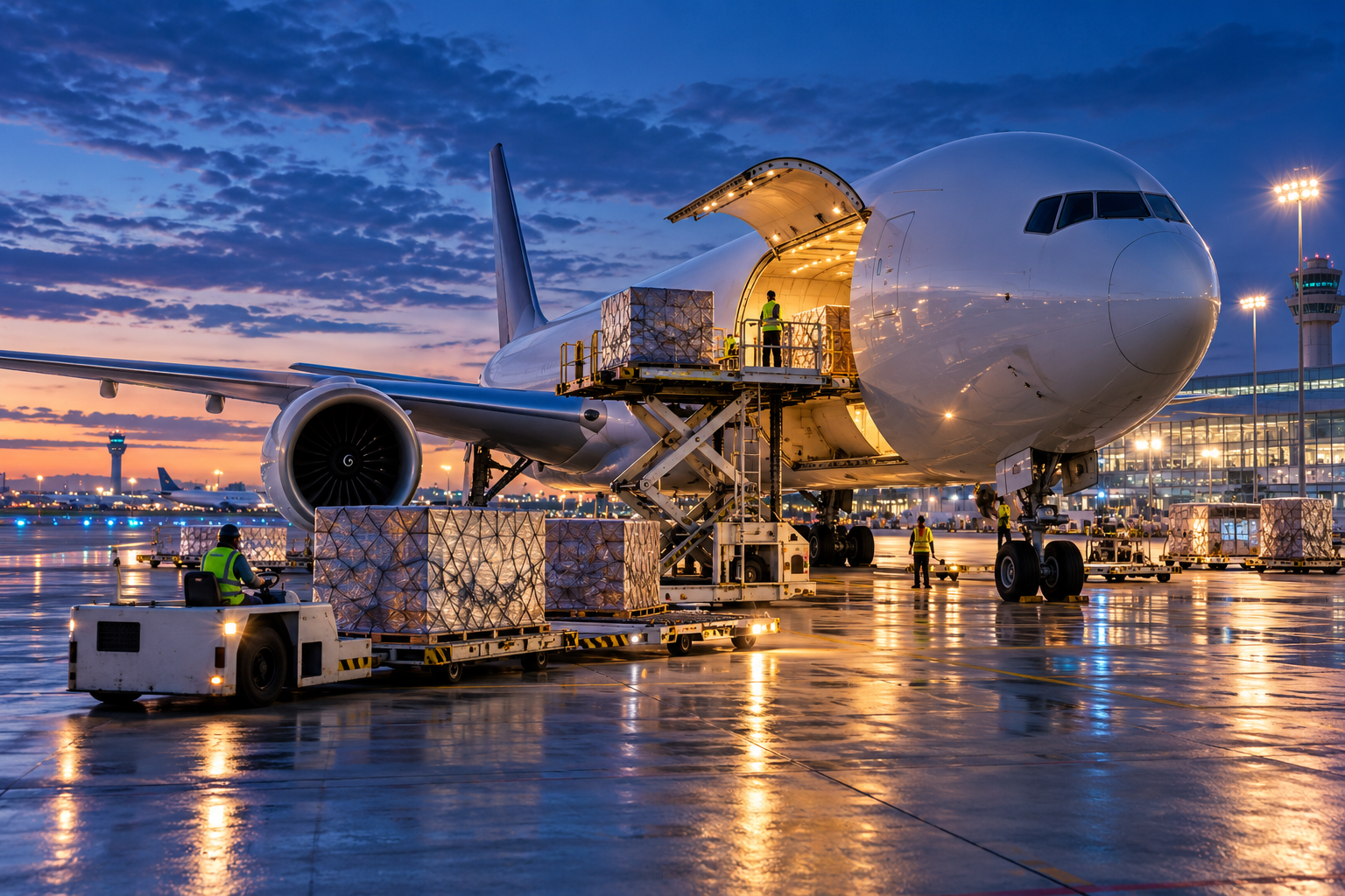 Avião de carga em operação em um aeroporto internacional