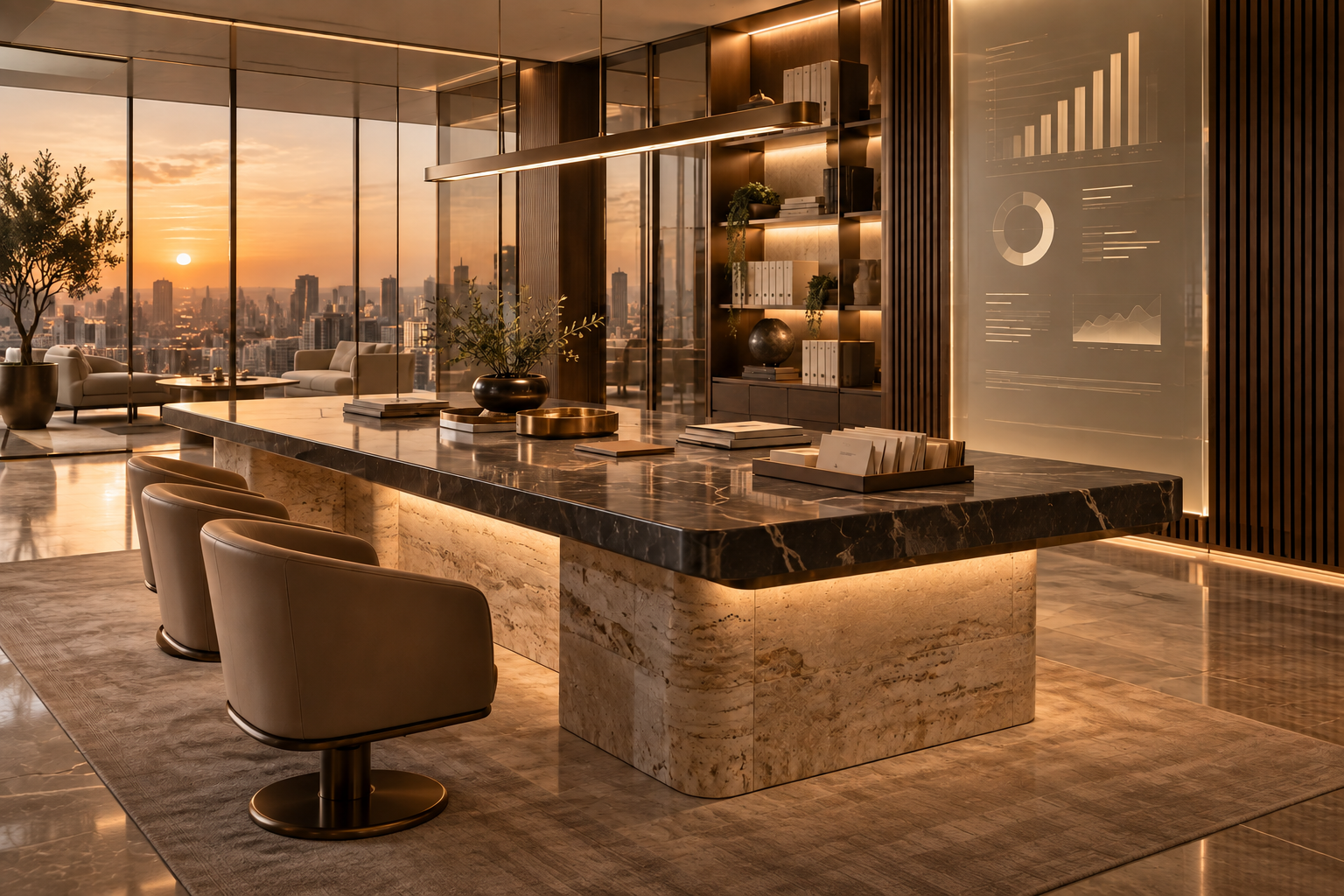 Ambiente empresarial organizado, com mesa de trabalho e vista urbana