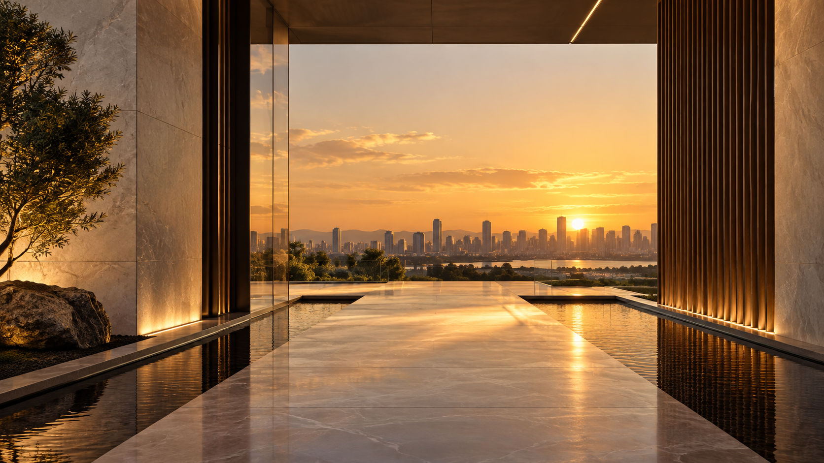 Arquitetura contemporânea aberta para a cidade ao pôr do sol